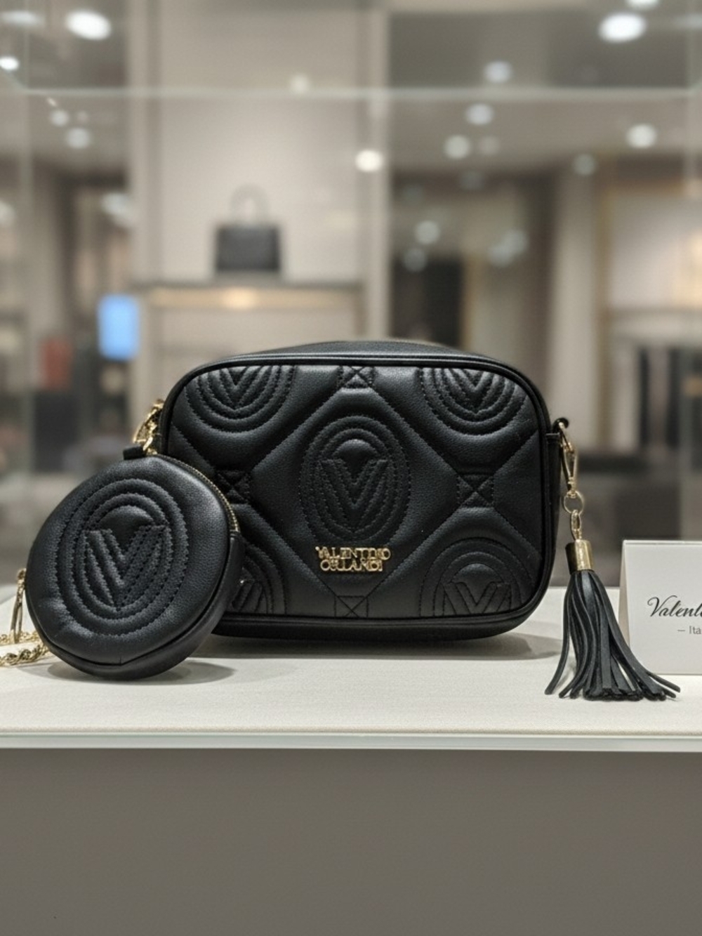 Valentino Orlandi Vegan Leather Style-V-2029  Black Logo Quilted W/ Wallet